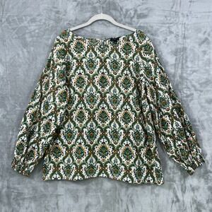 Talbots Green Floral Cotton Gold Metallic Blouse  Size 1X Medallion Long Sleeve